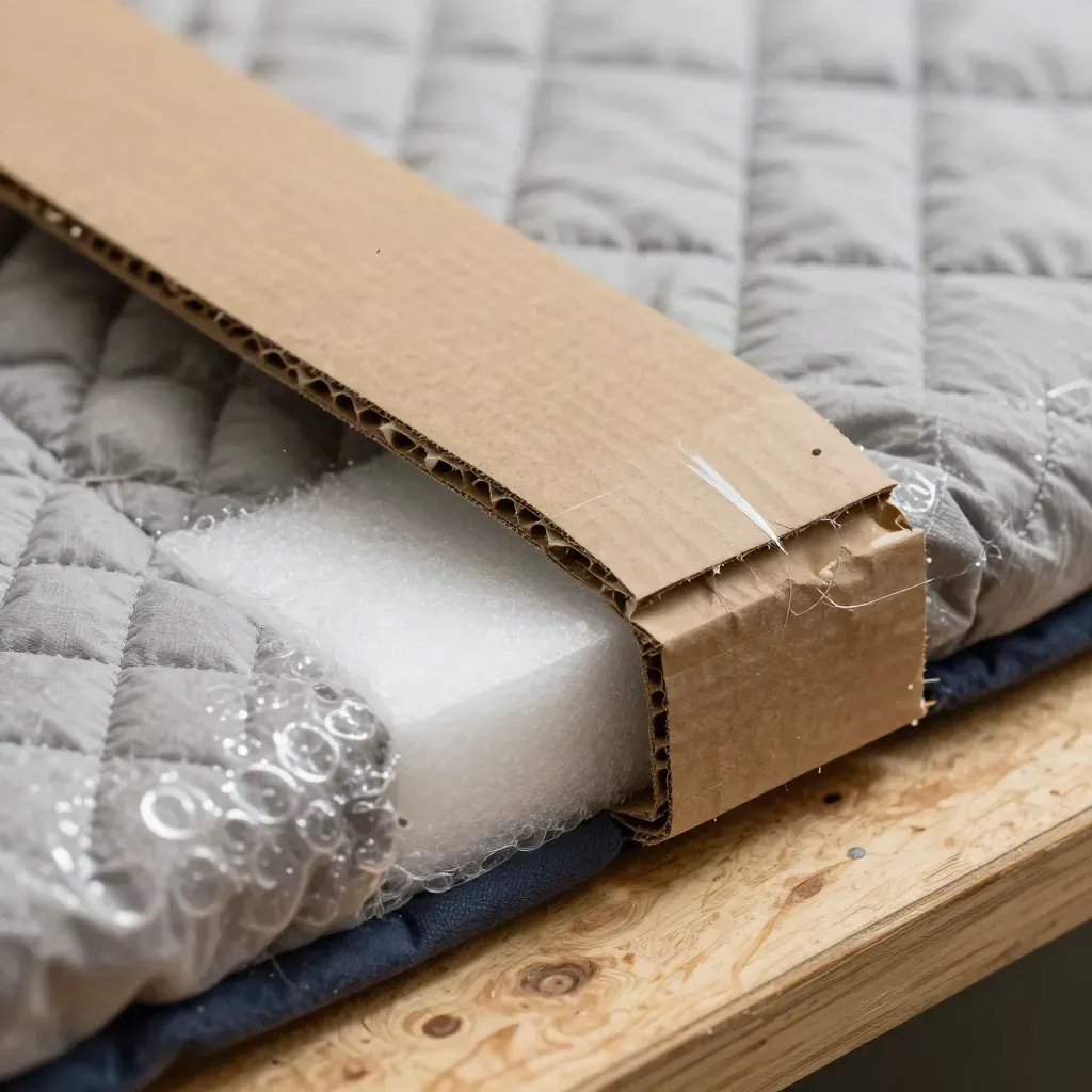 Detail balicích materiálů: lepenka, molitan, kraft papír, bublinková fólie a deka.