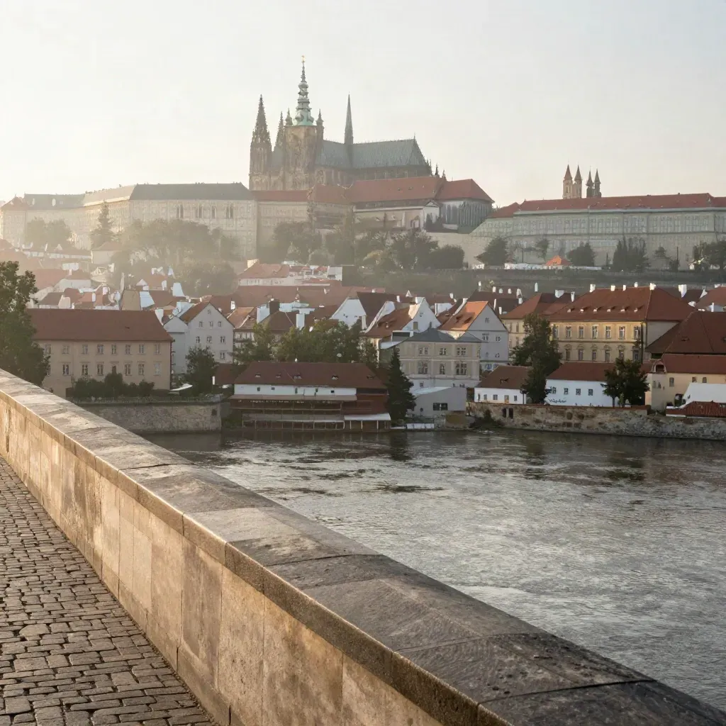 Pražské panorama s hradem a červenými střechami nad mlhou, dole klidný prostor.
