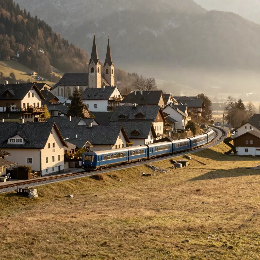 Zlatá hodina nad alpským městečkem s kostelními věžemi a železniční tratí.