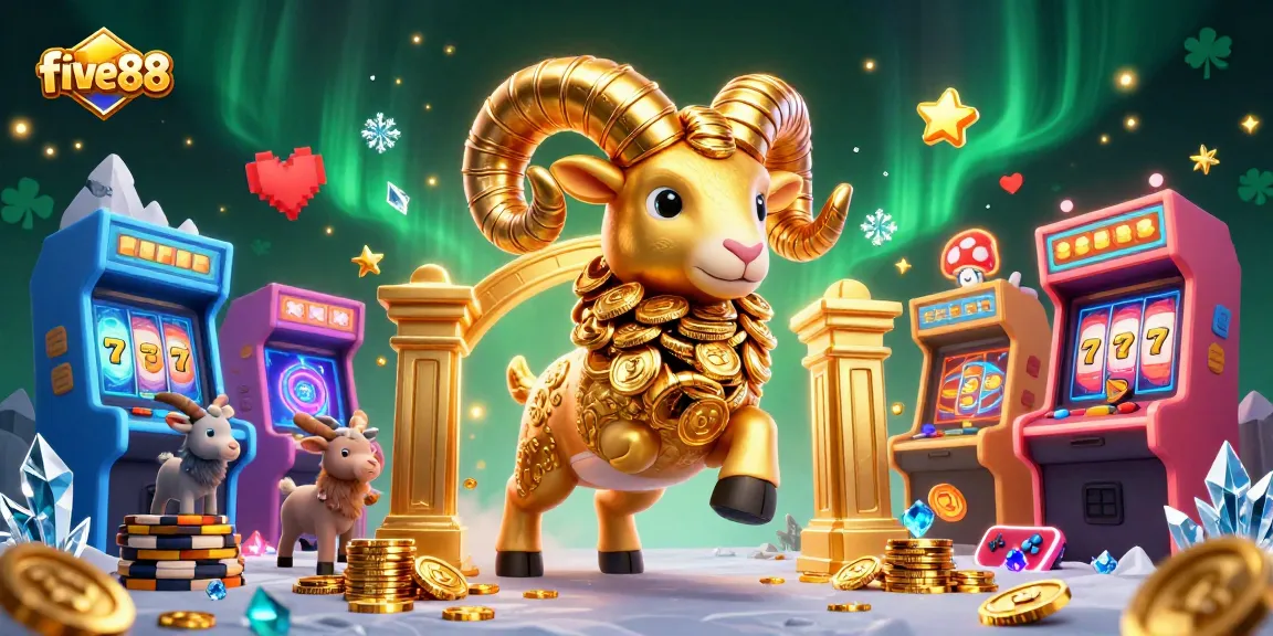 five88 casino action scene featuring a golden ram charging through a vibrant slot game landscape.