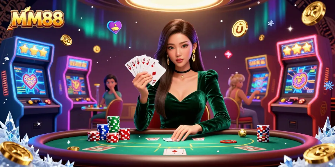 Play at MM88 with a beautiful Asian dealer at the poker table in a vibrant casino scene.