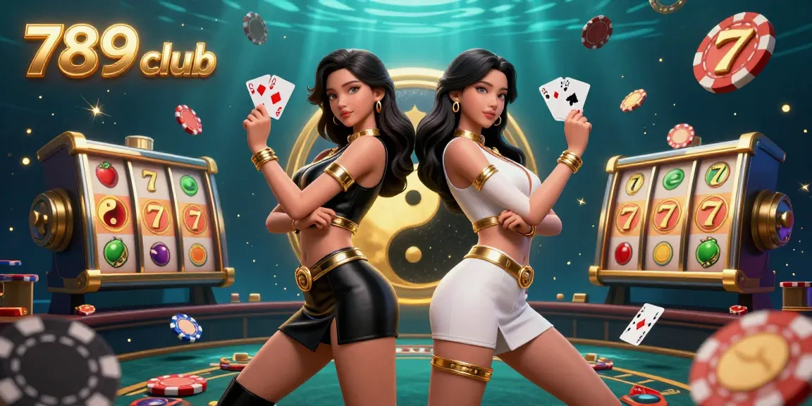 Experience the excitement of 789 club with stunning visuals of twins holding cards and slot elements.