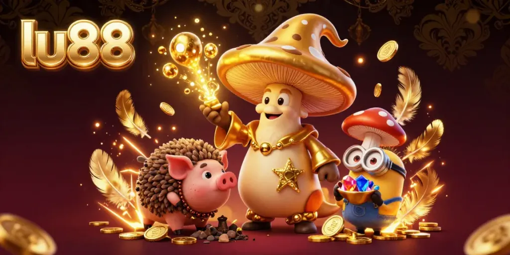 Experience the thrill of lu88 with golden magical elements in this vibrant casino-themed scene.