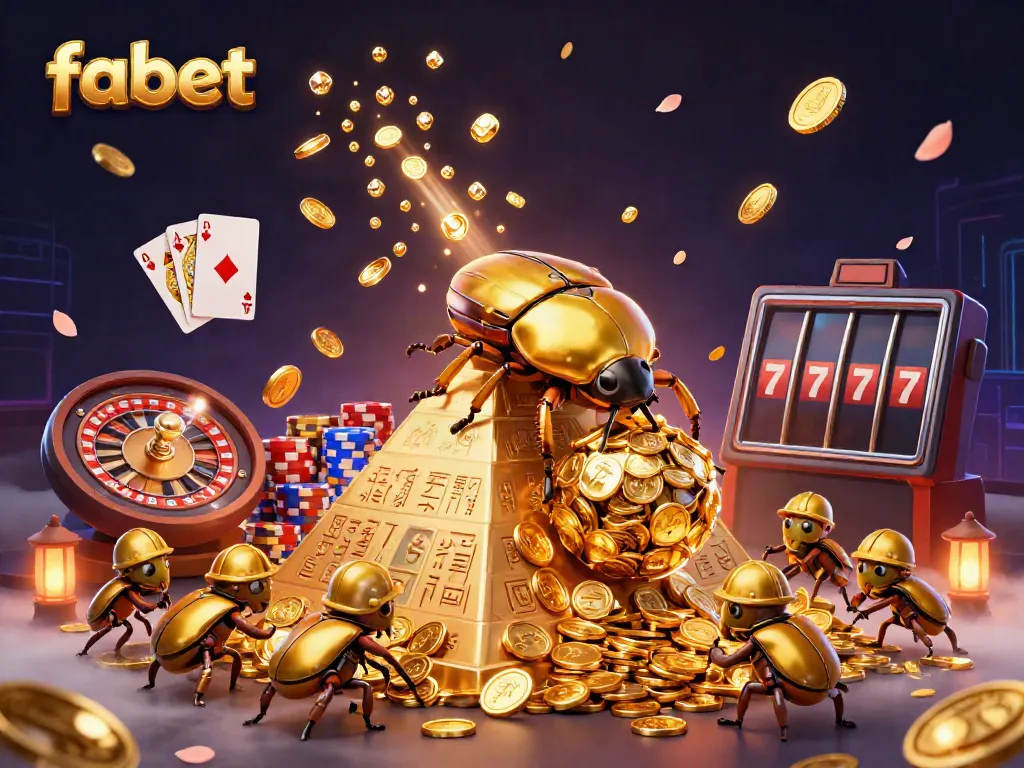 Experience the vibrant action at fabet with a golden dung beetle rolling coins amidst casino symbols.