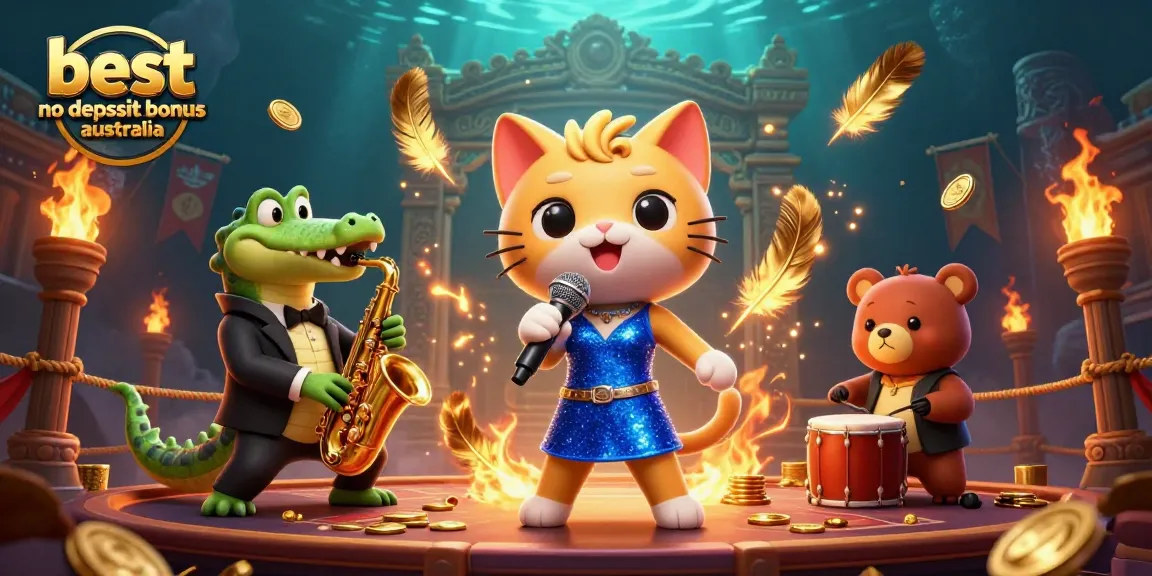 Draw in the dynamic scene showcasing best no deposit bonus Australia with cartoon characters performing in a vibrant casino atmosphere.