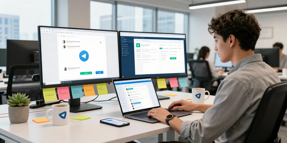 Engaged professional using Telegram web version on laptop in a modern workspace.