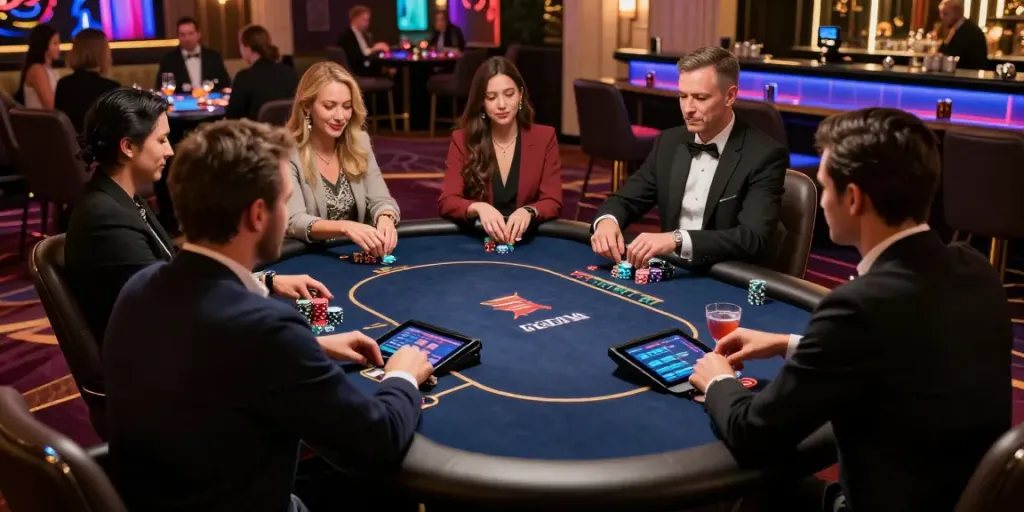 Live casino experience at https://playsv88.net/ with players at elegant poker table.
