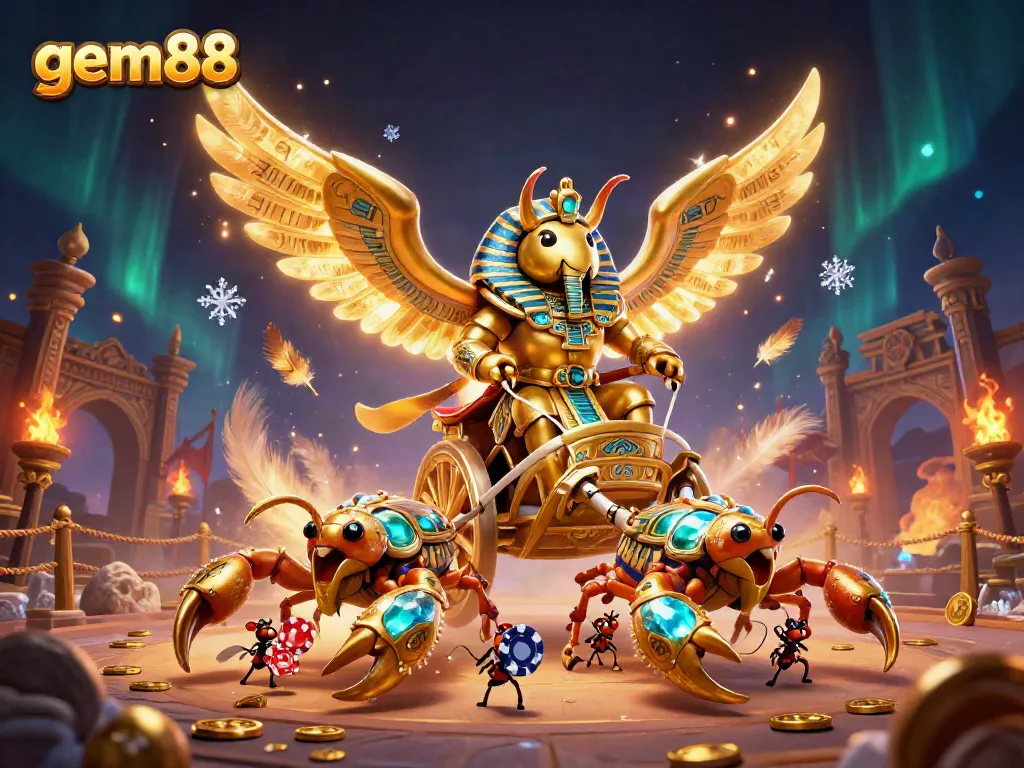Experience exciting wins at gem88 with a vibrant 3D scene of a colossal beetle and scorpions in a dynamic casino.