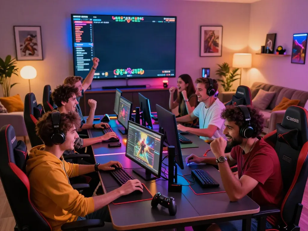 Men enjoying online gaming at https://manclub1.jp.net/ in a vibrant, modern setting.