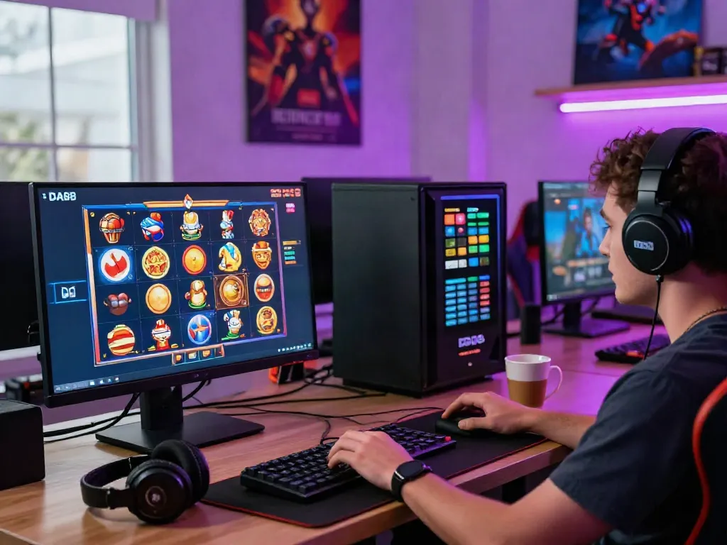Engaging gaming scene at DA88 featuring a player enjoying colorful slot games on a modern desktop.