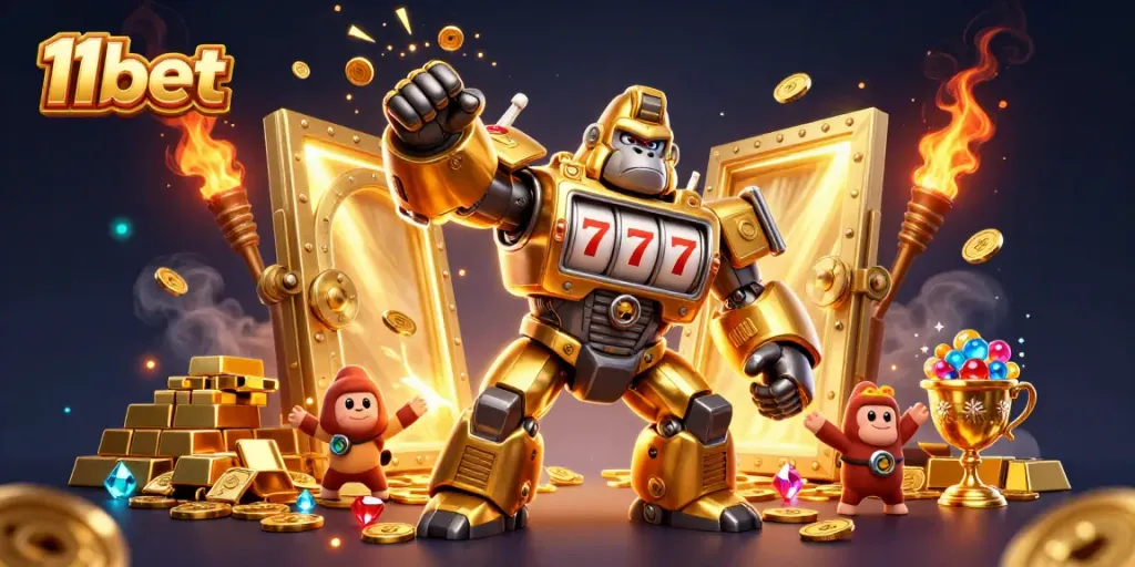 Experience thrilling wins at 11bet with our captivating 3D gaming scene featuring dynamic characters and rich casino elements.