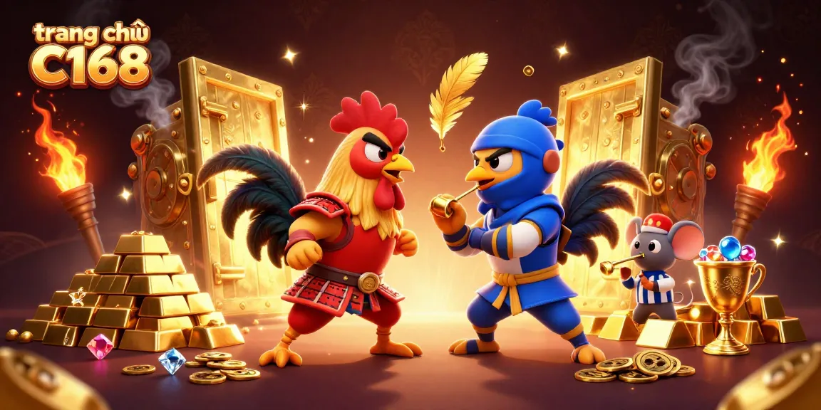 Experience exciting battles at trang chủ C168 with dynamic rooster characters amidst treasure and gaming symbols.