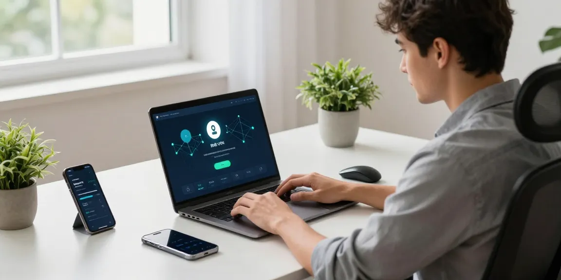 Professional using 快连 VPN on a laptop at a modern desk, showcasing a secure network connection.