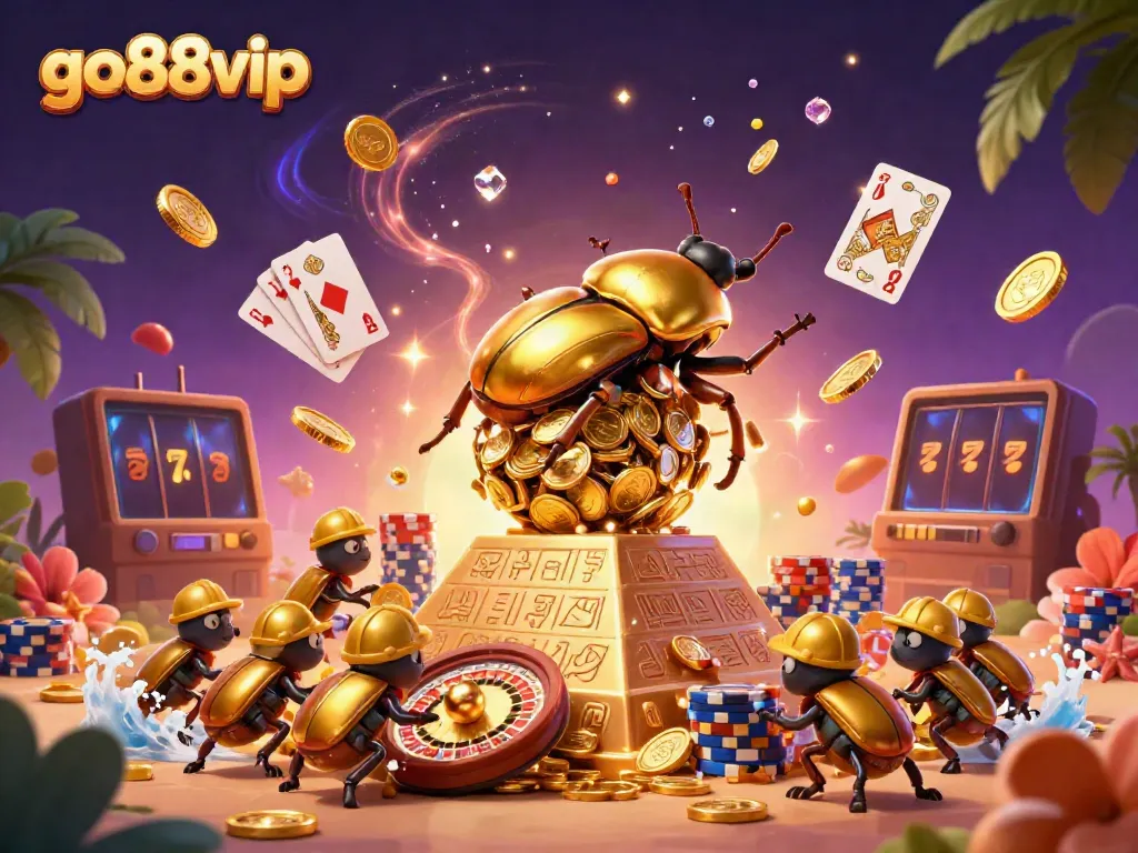 Experience the vibrant world of go88vip with golden coins, cards, and casino symbols in action.