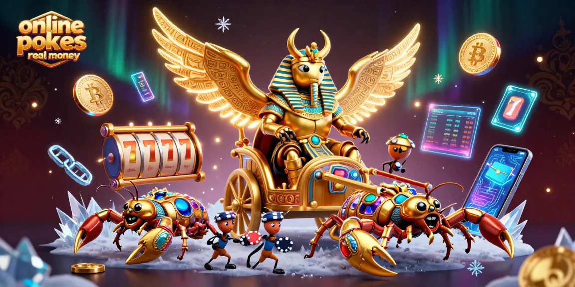 Experience online pokies real money with a vibrant casino scene featuring slot reels and crypto elements.