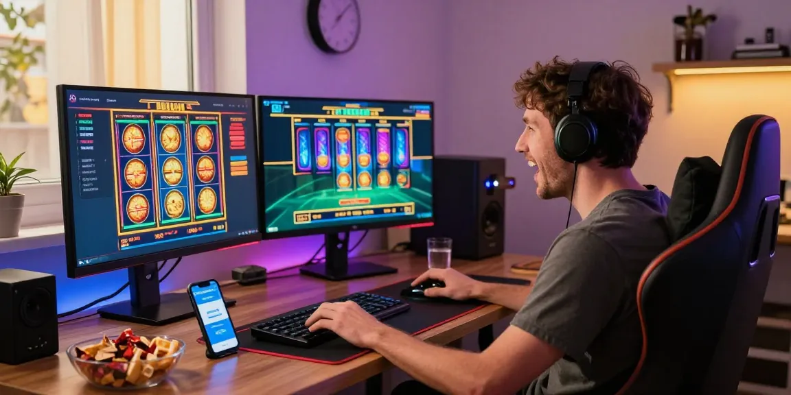 Begeisterter Spieler in einem Paysafe Card Casino, der lebendige Online-Spiele mit schnellen Einzahlungen über eine mobile Paysafecard-App genießt.
