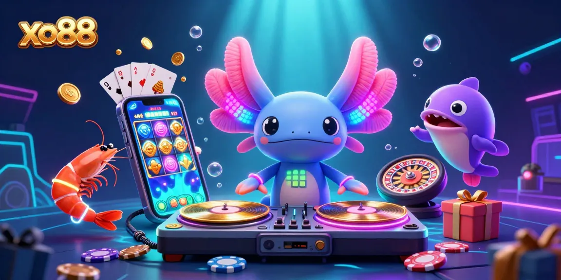 Engage in exciting gameplay at xo88 with a vibrant underwater casino scene featuring a neon axolotl DJ.
