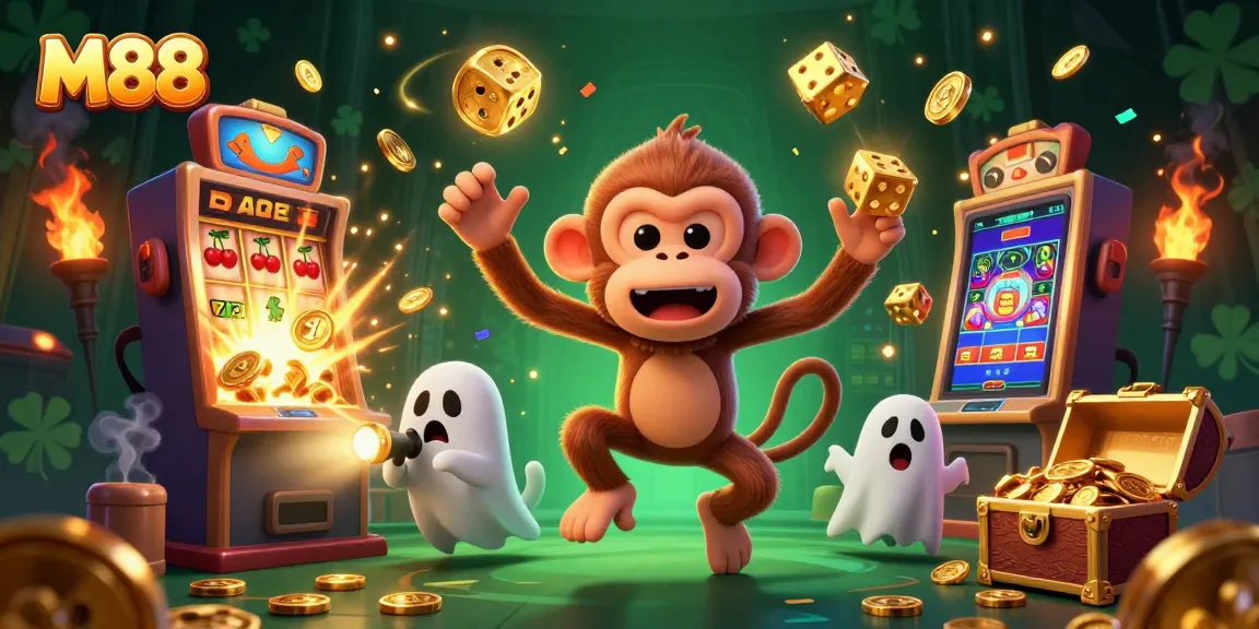 M88 showcases a lively casino scene with a mischievous poltergeist monkey juggling golden items while a ghost-hunter puppy tracks it.