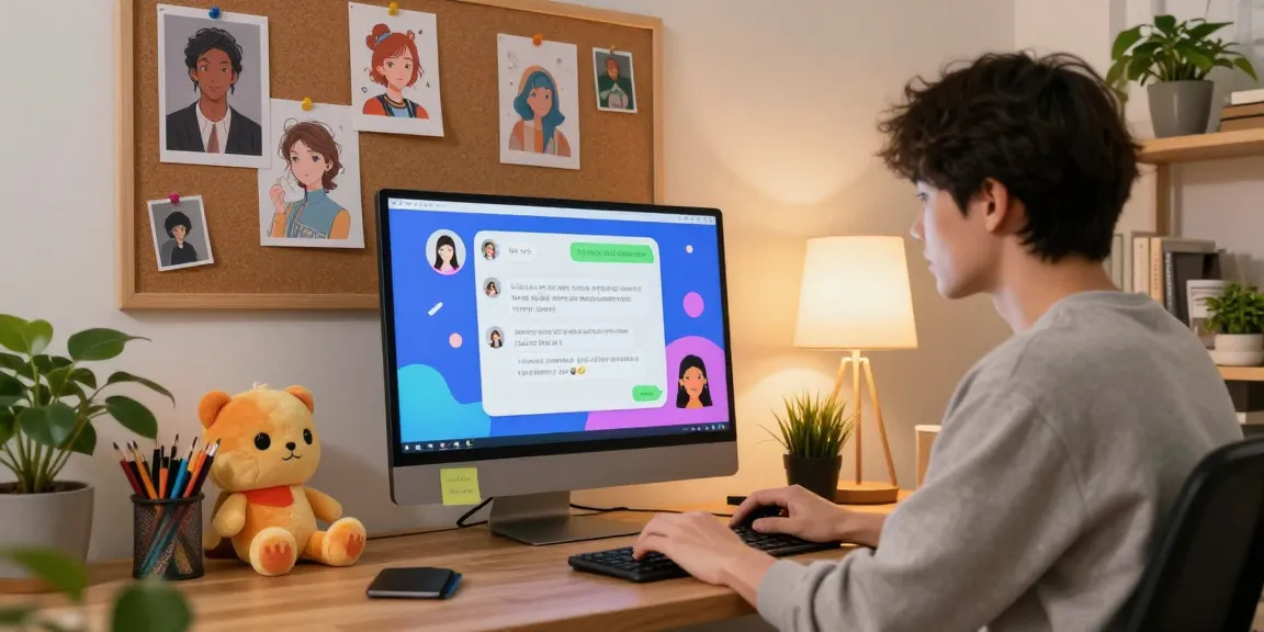 User engaging in nsfw ai chat in a cozy home office with AI-generated visuals and character illustrations.