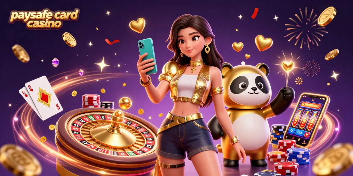 Paysafe Card Casino-Illustration mit einer eleganten Frau mit goldenen Akzenten und einem Panda-Maskottchen, umgeben von lebhaften Casino-Elementen.