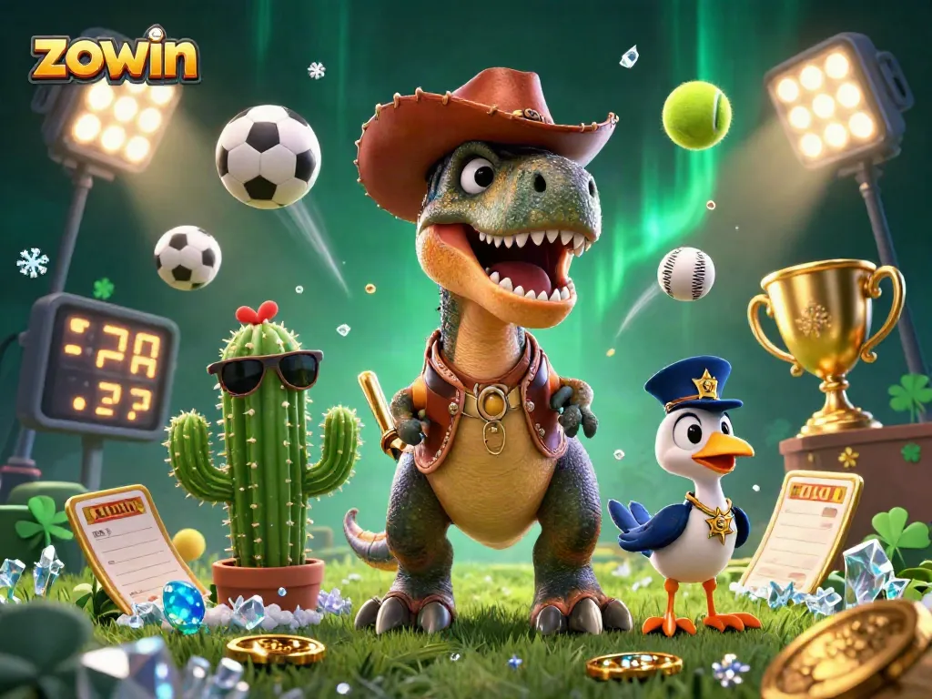 Zowin showcases an exciting dynamic scene of gaming with vibrant characters, sports elements, and action.
