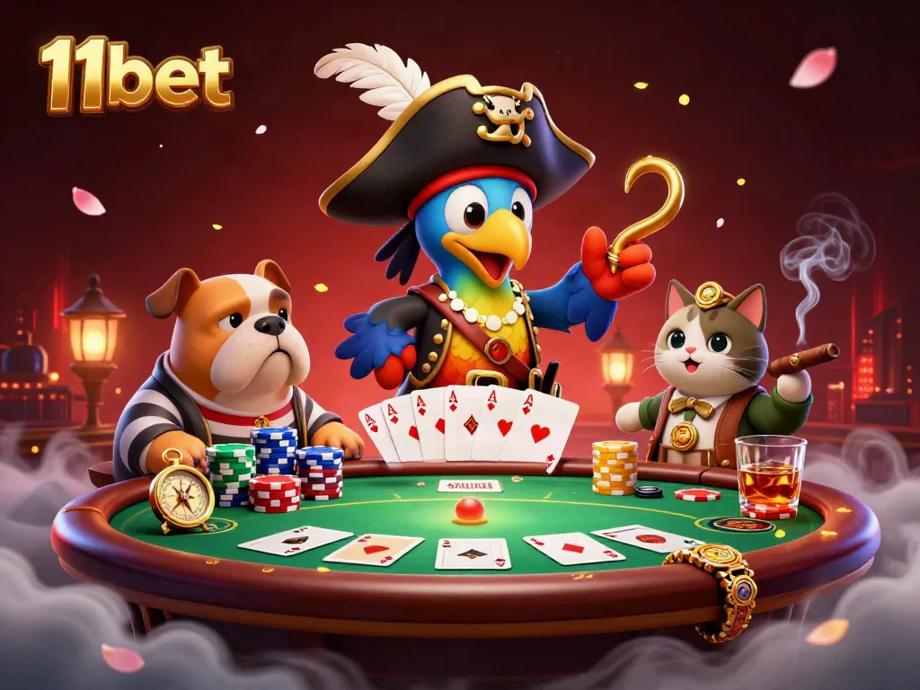 Experience thrilling gameplay at 11bet with colorful poker elements and animated characters in a vibrant casino scene.