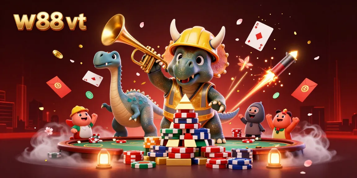 w88 vt mang đến hình ảnh sống động với triceratops tạo kim tự tháp chip poker, pháo nổ lung linh.