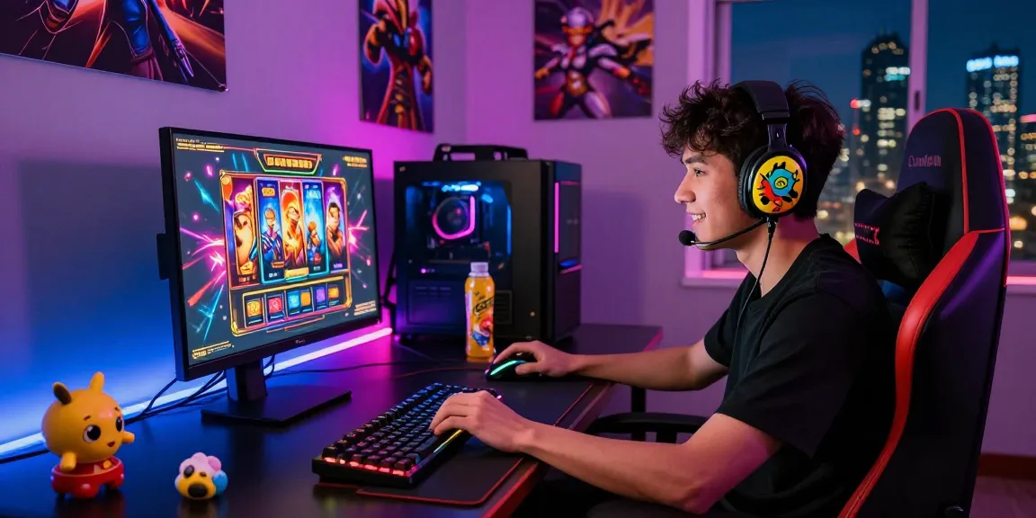 Engaged gamer enthusiastically playing slot gacor games in a vibrant, immersive gaming setup.